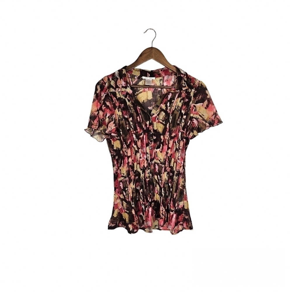 Alison Sheri Button Up Cinched Shear Top Patterned Art to Wear Sz L